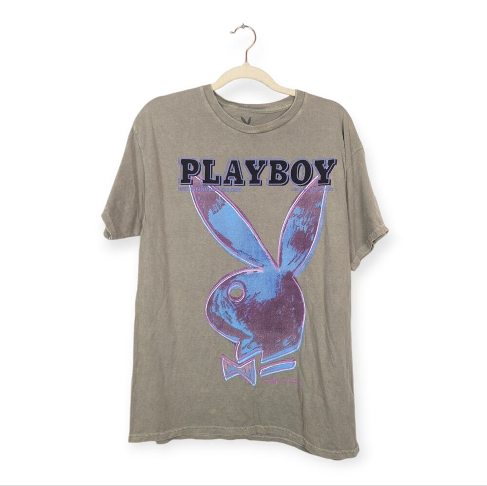 Playboy Bunny Graphic Tee S Tan Blue Tie Dye Unisex Y2K Streetwear Casual
